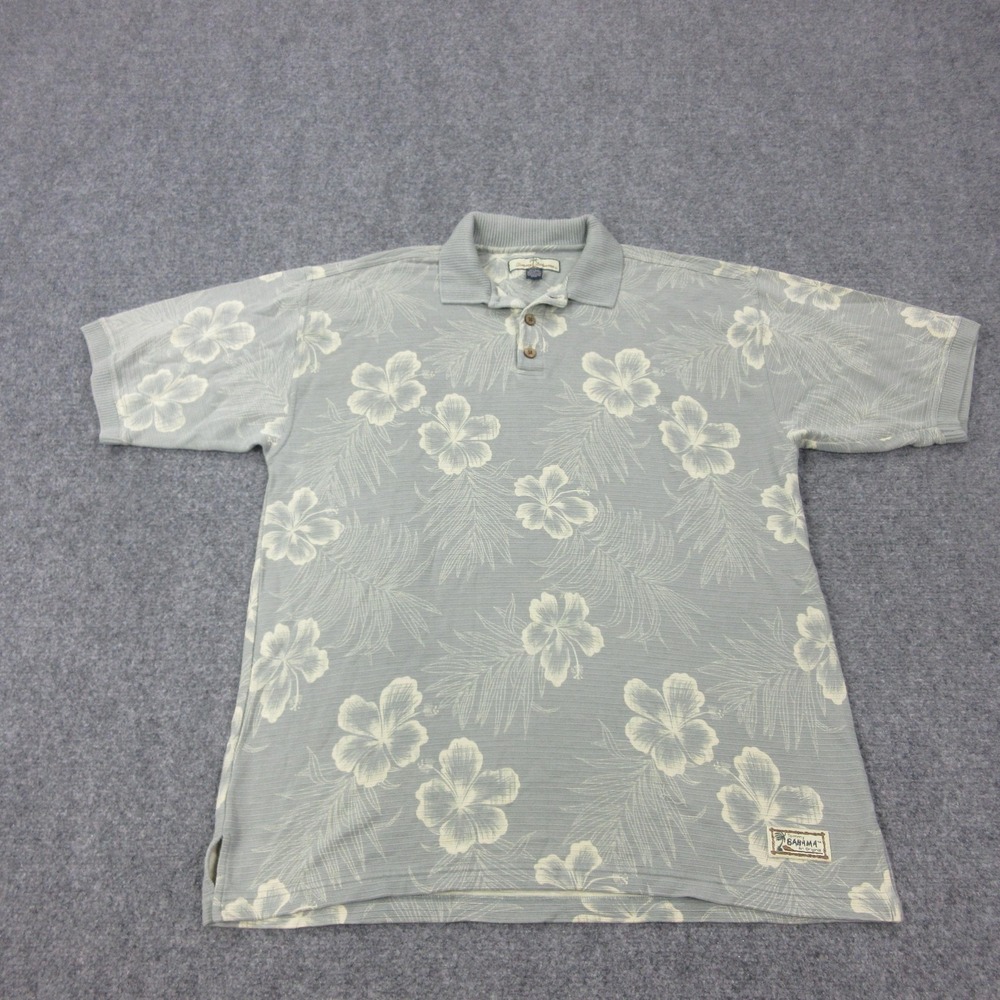 Tommy Bahama Polo Shirt Mens L Gray Floral 70%‎ Silk 30% Cotton Relaxed Fit